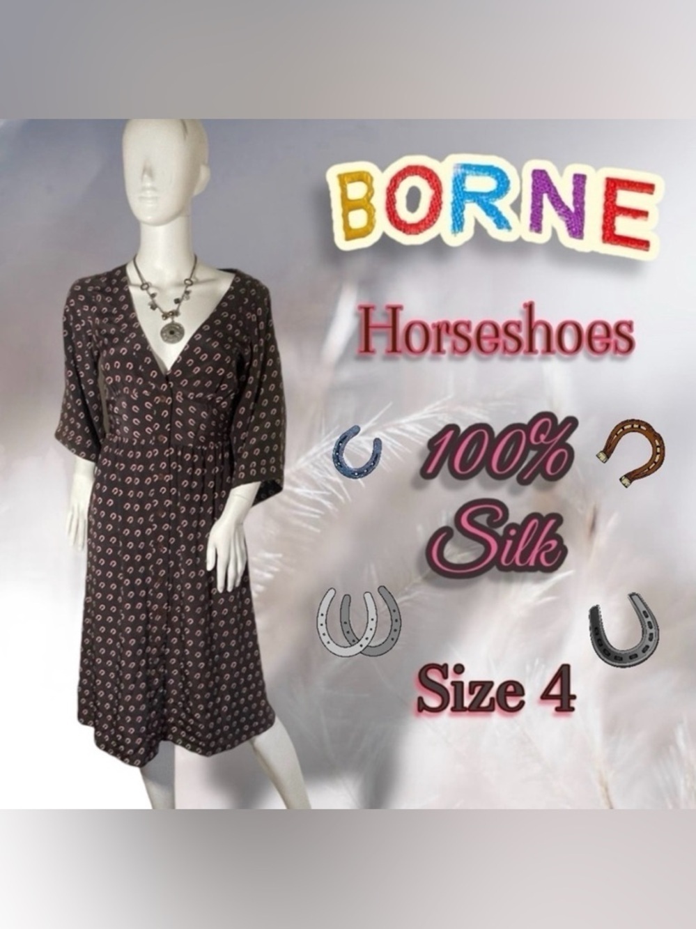 Borne 100% Silk Horseshoe Print Equestrian Western Dress Size 4 Rare!